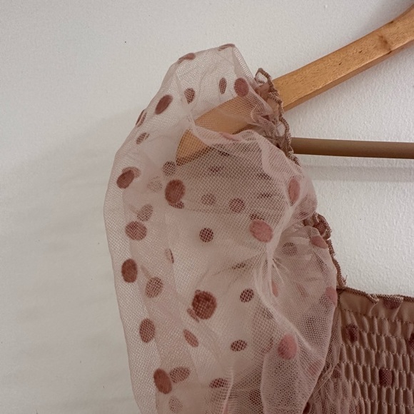 Lovesong Polka Dot Smocked Mini Dress Size M / Color Beige / Tan - Picture 6 of 9
